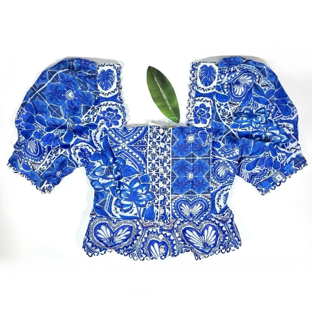 FARM Rio Tile Dream Cotton Puff Sleeve Peplum Top Blouse Blue White Large NWT
